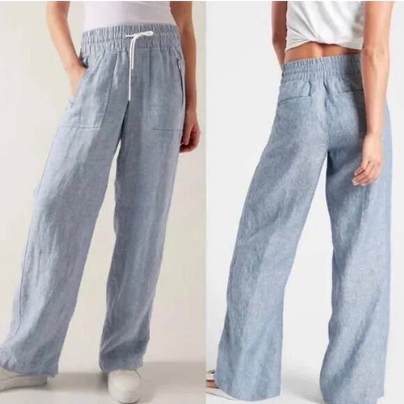 Athleta Blue Coastal Cabo Linen Wide Leg Pants Lagenlook Beachy Basic Size 4 - Picture 1 of 14